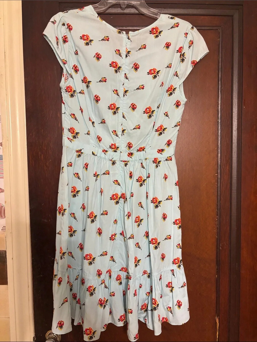 J. Crew Light Blue Midi Dress with Red Floral Print